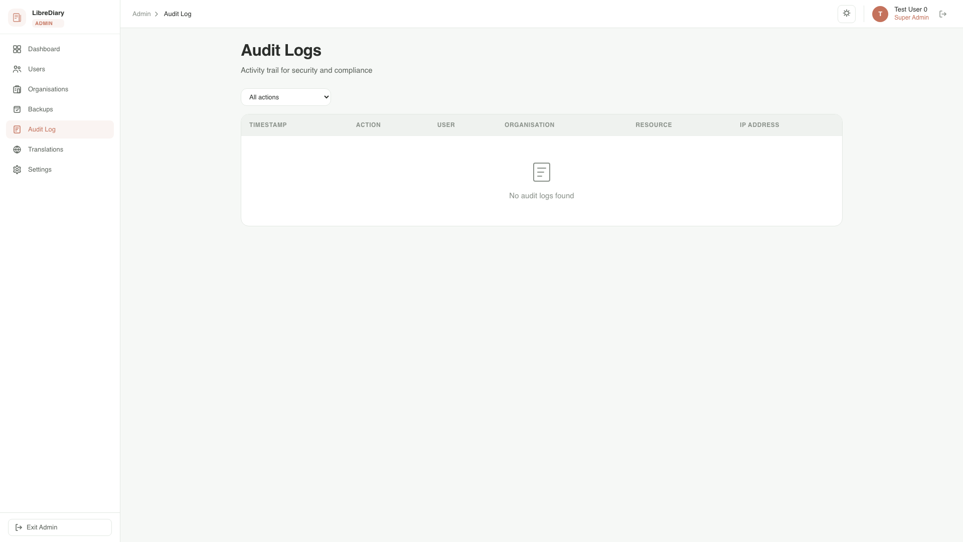 LibreDiary audit logs showing timestamped records of user actions, permission changes, and system events