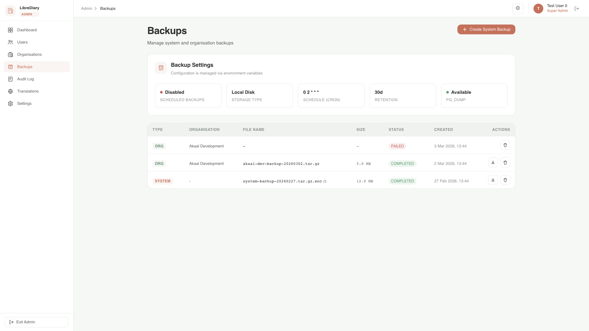 LibreDiary backup settings showing automated schedules, retention policies, and restore options