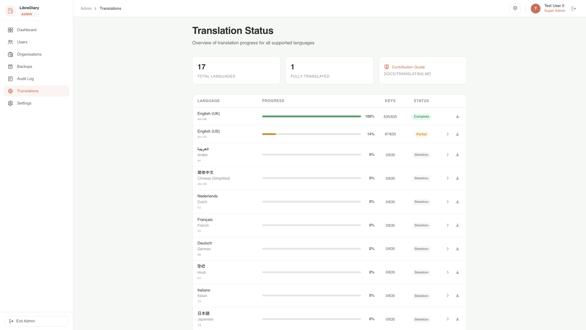 LibreDiary language settings showing available language options