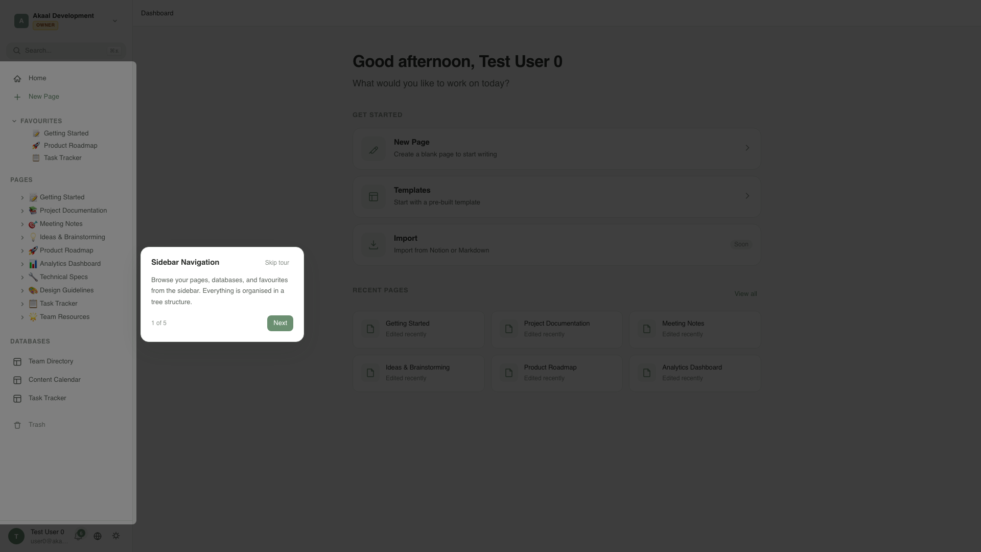 LibreDiary dashboard showing workspace overview with pages, databases, and quick actions