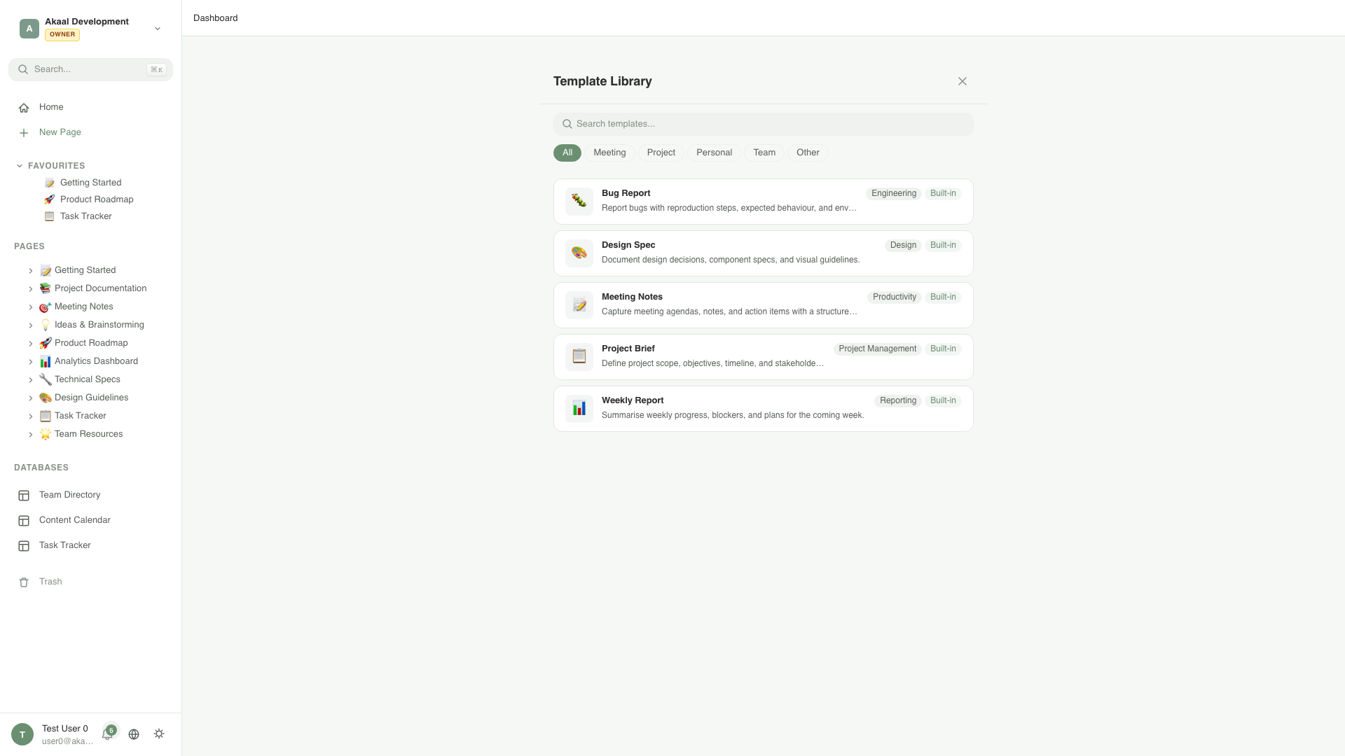 LibreDiary template library showing reusable page templates for meetings, projects, and documentation