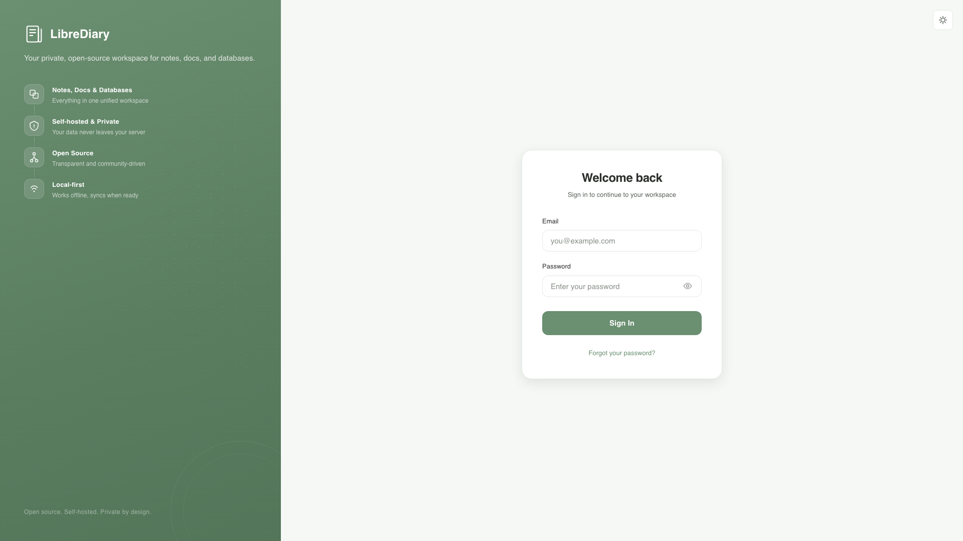 LibreDiary login screen — the first thing you see after deploying your self-hosted instance