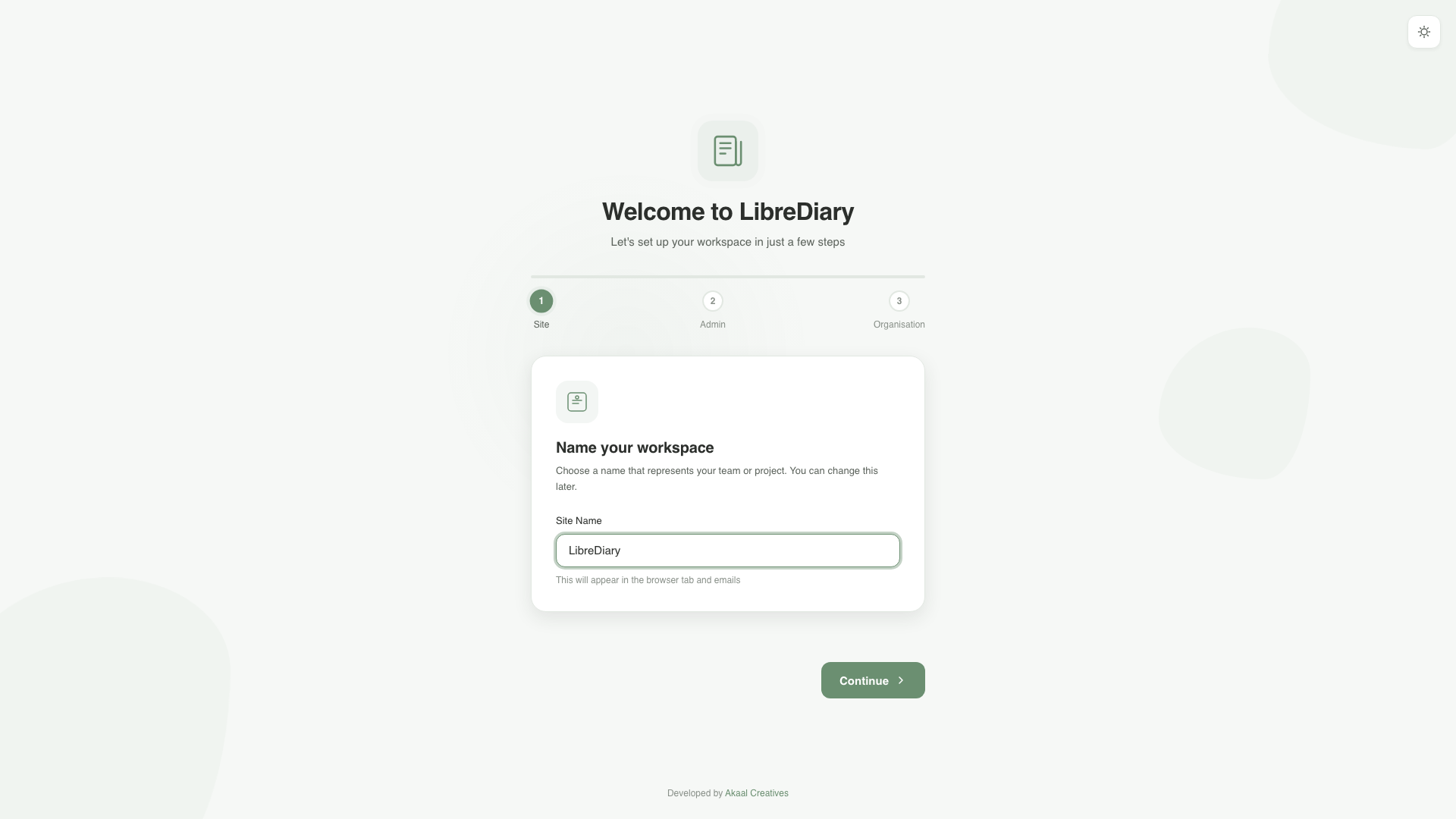 LibreDiary setup wizard — configure your instance in a few simple steps