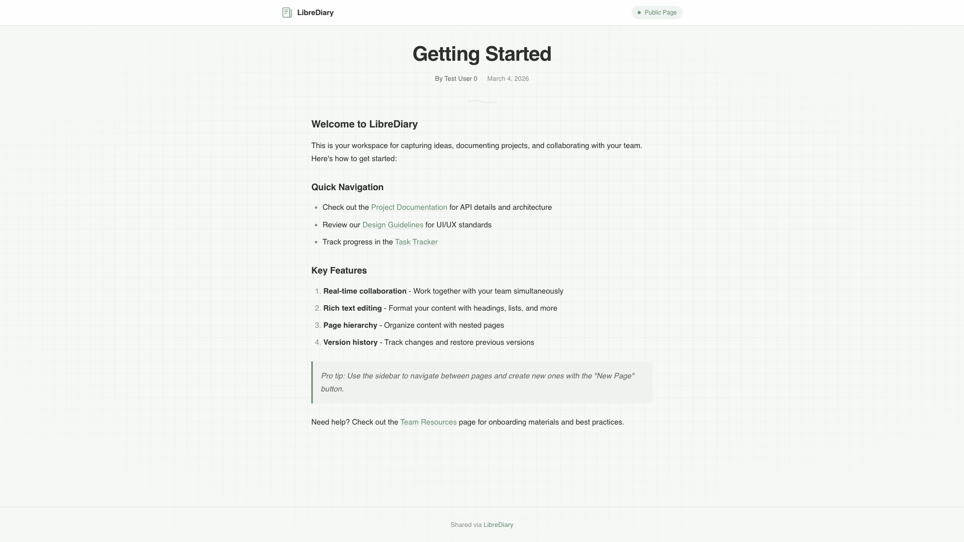 LibreDiary page sharing dialogue with permission levels and guest links