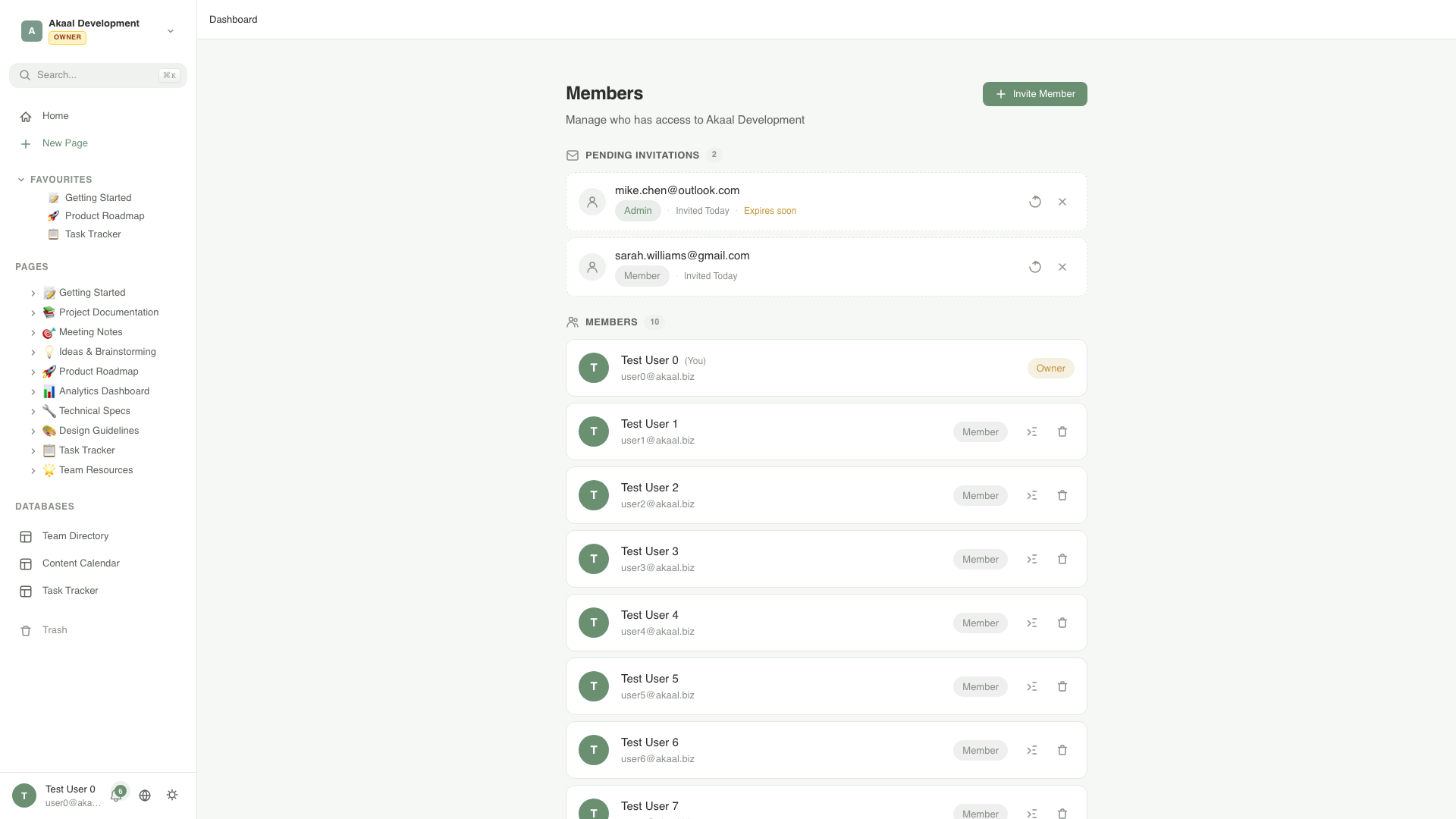 LibreDiary members management panel showing team invitations, roles, and permission settings