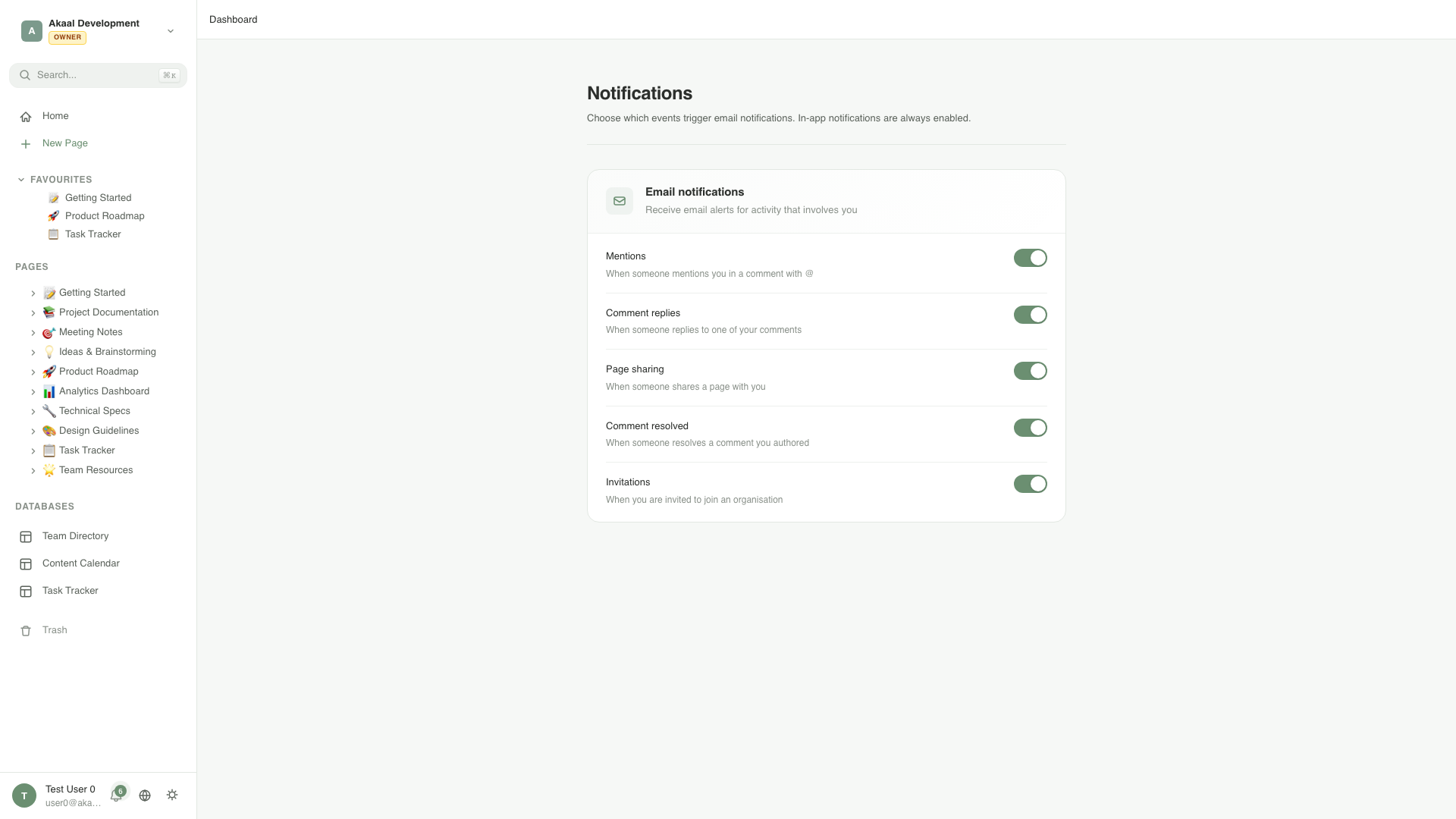 LibreDiary notification settings showing configurable alerts for mentions, comments, and system events