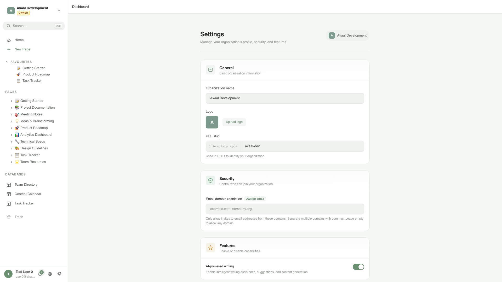 LibreDiary organisation settings showing workspace-wide configuration for permissions and authentication